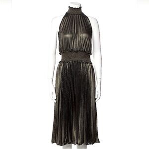 Avec Les Filles Metallic Bronze Pleated Midi Dress 2 NWOT